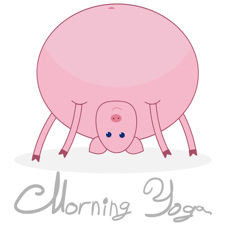 Morning yoga with a pig. The pig stands in the pose of the bridge. Pig isolated on white background with shadow. The text under the picture Morning Yoga .のイラスト素材