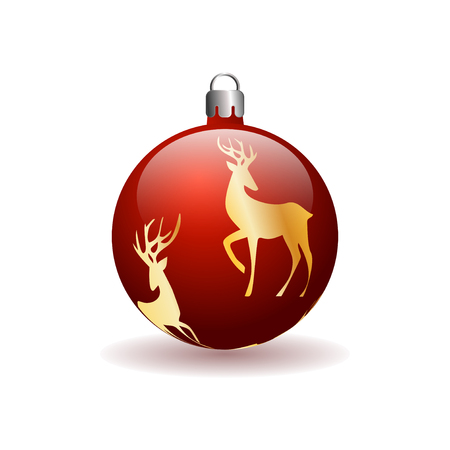Red Christmas ball with golden reindeer. Isolated on a white background with a shadow. Three-dimensional ball.のイラスト素材
