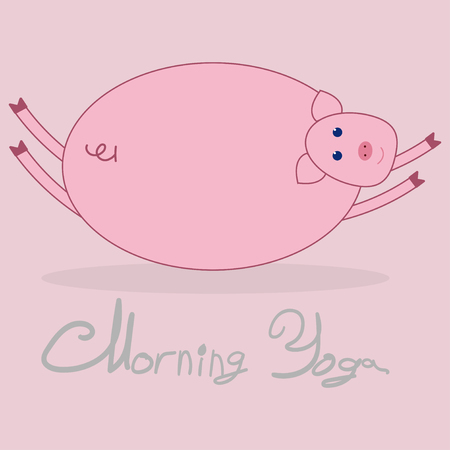 Morning yoga with a pig. Pink background. The text under the picture Morning Yoga .のイラスト素材