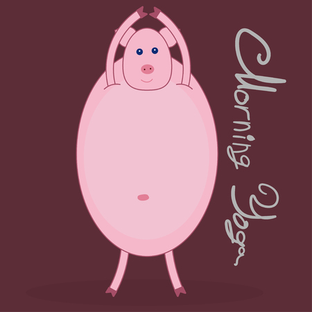 Morning yoga with a pig. Pig stands and pulls his hands up. Dark red background. The text to the right of the picture Morning Yoga .のイラスト素材