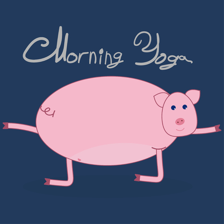 Morning yoga with a pig. Pig is engaged in gymnastics. Dark blue background. The text above the picture Morning Yoga .のイラスト素材