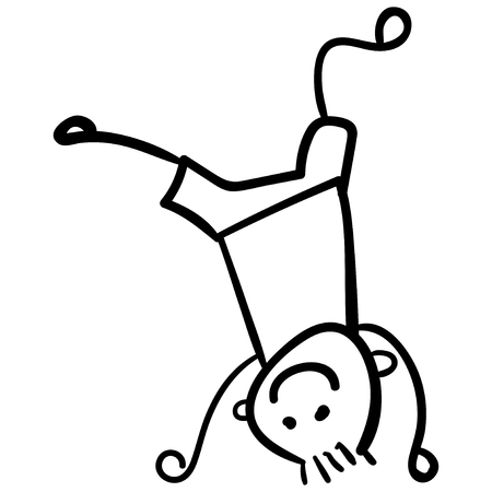 A boy in shorts and a t-shirt is standing on his head. Style of childrens drawing. Vector illustration. Outline drawing on a white background.のイラスト素材