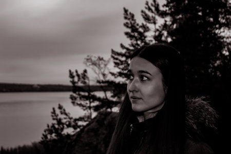 Girl in the twilight forest. Black white styleの写真素材