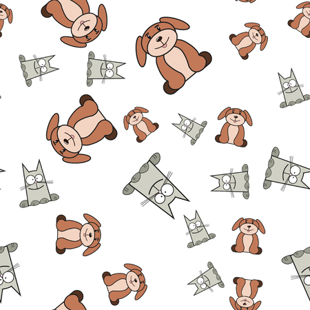 Seamless pattern of cats and dogs in in cartoon style. On white background, vector illustration.のイラスト素材