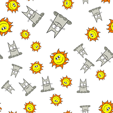 Seamless pattern of cats and suns in cartoon style. On white background, vector illustration.