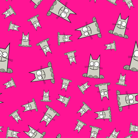 Seamless pattern of cats in cartoon style. On color background, vector illustration.のイラスト素材