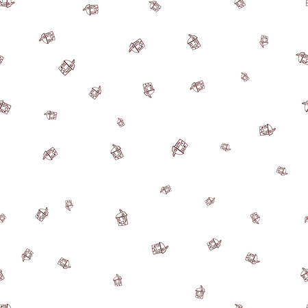 Seamless pattern of houses in doodle style. Vector illustration of a contour child drawing on a white backgroundの写真素材