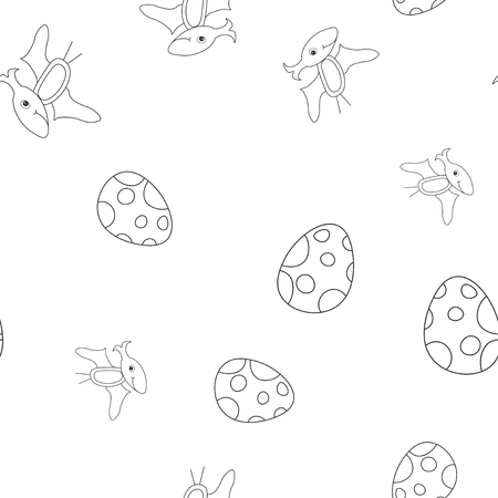 Seamless pattern of contour of dinosaurus pterodactyl and spotted egg. Isolated on white background. Vector illustration.の写真素材