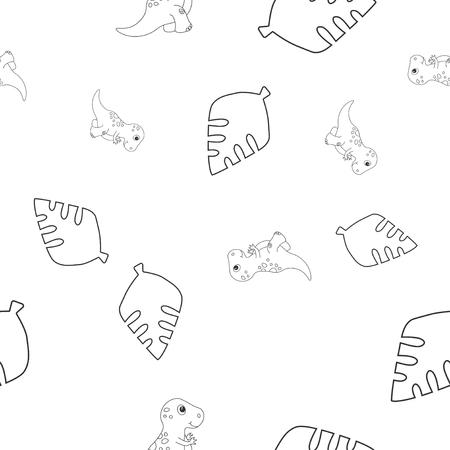 Seamless pattern of contour of dinosaurus tyrannosaur and leaf palm tree. Isolated on white background. Vector illustration.の写真素材
