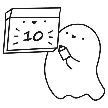 Funny ghost keeps calendar with the date of the month. Outline drawing. Vector illustrationのイラスト素材