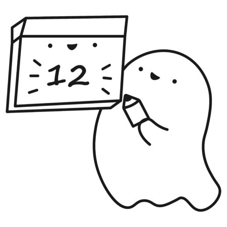 Funny ghost keeps calendar with the date of the month. Outline drawing. Vector illustrationのイラスト素材