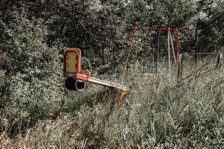 An overgrown and abandoned swing set in the middle of the forest. Lots of grass. Nature takes over....