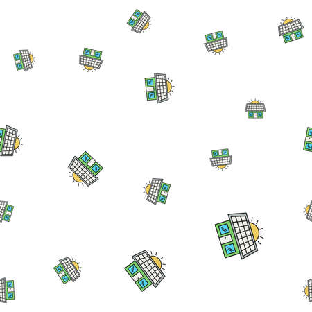 Seamless pattern of ecological icons. House with solar panel. Isolated on white background. Vector illustration.のイラスト素材