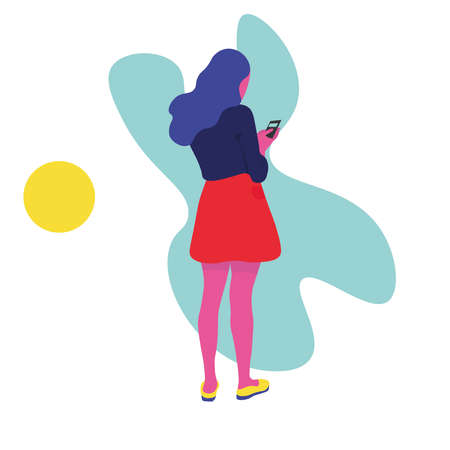 The girl looks at the smartphone. Bright illustration.の写真素材
