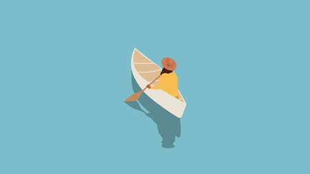 Girl with an oar in the boat. The water is perfectly smooth and calm. Vector illustration.のイラスト素材