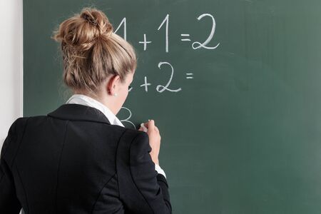 Teacher writing math formulas on blackboard 