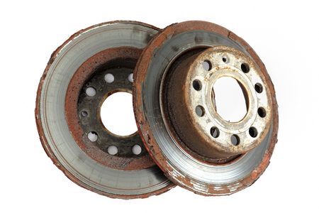 Two brake discs on white backgroundの写真素材