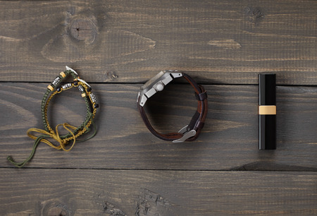 layout of women's accessories, fashion items and style on the wooden backgroundの写真素材