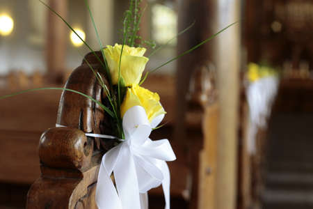 catholic church from the inside. A church is decorated for a weddingの写真素材