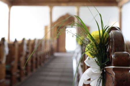 catholic church from the inside. A church is decorated for a weddingの写真素材