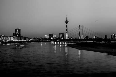 duesseldorf city skyline with harbour, ghery buildings, black and whiteの写真素材