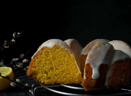 Lemon bundt cake on a dark background. Selective focus.