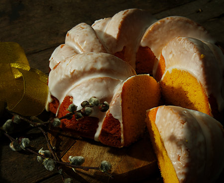 Pumpkin bundt cake with raisins on wooden background