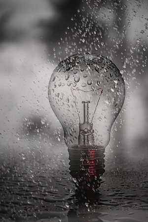 Incandescent light bulb with water drops on a dark background.