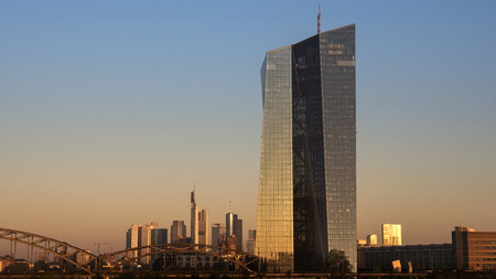 ECB, European Central Bank, Skyline Frankfurt at dawnのeditorial素材