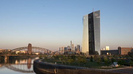 ECB, European Central Bank, River Main Frankfurt at dawnのeditorial素材