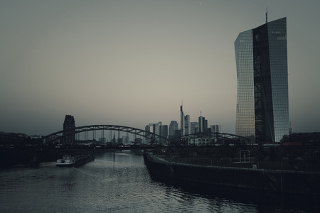 ECB, European Central Bank, Skyline Frankfurt at dawn - desaturated imageのeditorial素材
