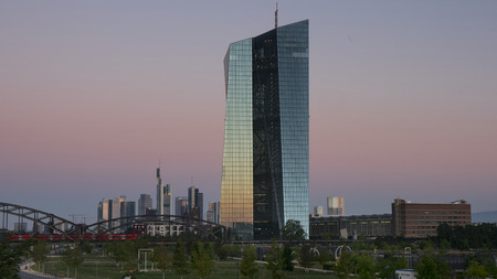 ECB, European Central Bank, Skyline Frankfurt at dawnのeditorial素材
