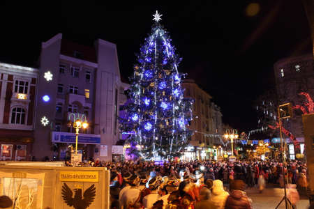 Ivano-Frankivsk, Ukraine - December 19, 2014: Holiday lighting of the Christmas tree.のeditorial素材