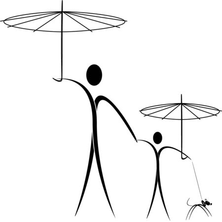 man and son at the walk with the umbrellas and with the dogのイラスト素材
