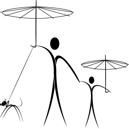 man and son at the walk with the umbrellas and with the dogのイラスト素材