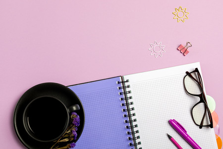 Flat lay composition with stationery on pink background. Mock up for designの写真素材