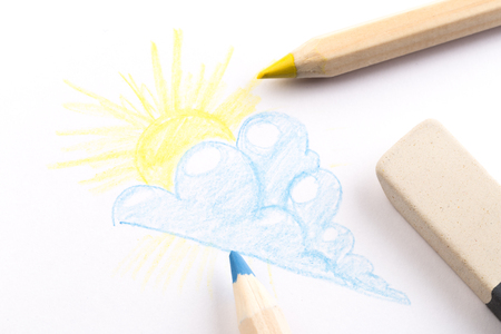 blue and yellow pencil s drawing on white background cloud and sunの写真素材