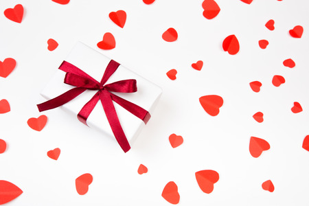 Valentine day composition: 
gift boxe with bow and red  hearts, photo template, background. Top Viewの写真素材