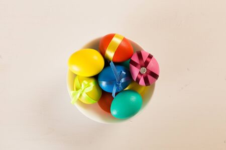 easter eggs on white wooden backgroundの写真素材