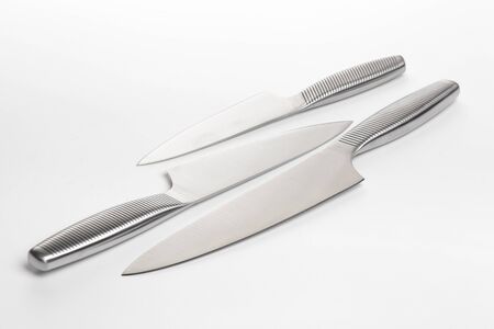 Set of steel kitchen knives on white background . -Imageの写真素材