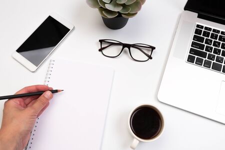 Office desk table with supplies. Flat lay Business workplace and objects. Top view. Copy space for...
