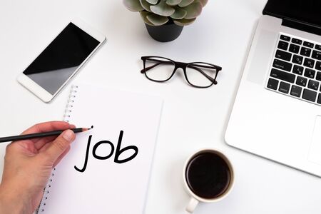 Office desk table with supplies. Flat lay Business workplace and objects. Top view. Job text - Imageの写真素材