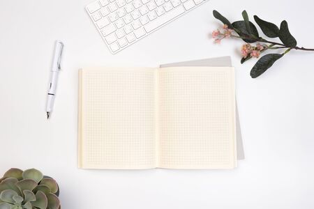 Office desk table with supplies. Flat lay Business workplace and objects. Top view. Copy space for...