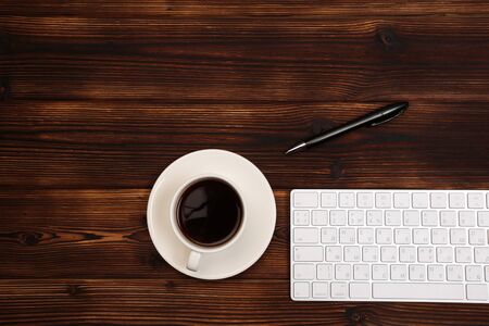 Office desk table with supplies. Flat lay Business workplace and objects. Top view. Copy space for text - Imageの写真素材