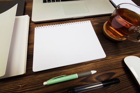 Top view wooden office  desk  with copy space - Image