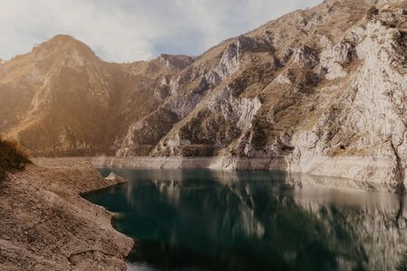 View of great canyon of river Piva. Location place National park Durmitor, Pluzine town, Montenegro, Balkans, Europe. Scenic image of popular travel destination. Discover the beauty of earth. - Imageの写真素材