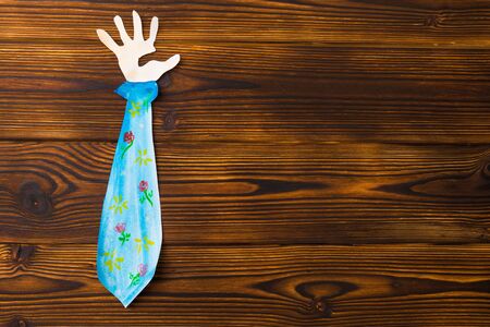 Happy fathers day sign on paper  ties laid on wooden floor backround. - Imageの写真素材
