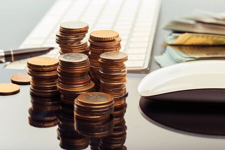 Financial business concept combination with coins, money, calculator and pen - Image