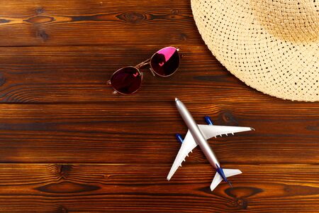 Overhead view of Traveler's accessories, Essential vacation items, Travel concept backgroundの写真素材