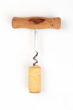 corkscrew and wine cork isolated on white backgroundの写真素材